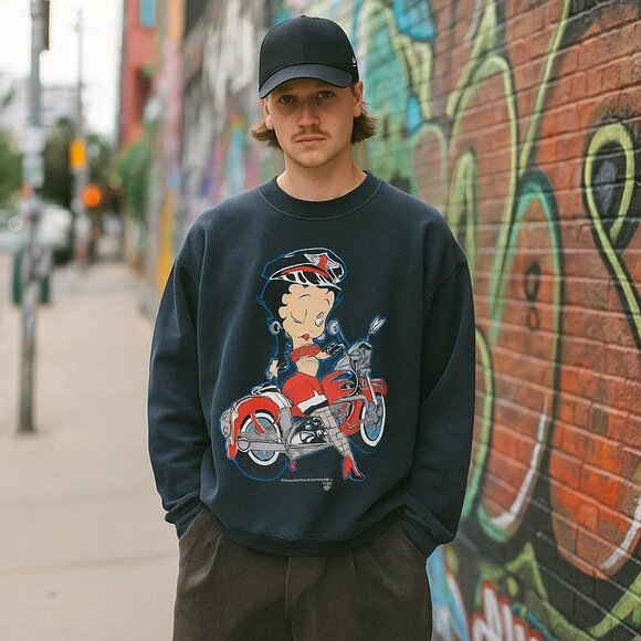 Vintage Betty Boop AAA USA Fabric 1992 Fleischer Studios Motorcycle Crewneck L - Picture 1 of 9